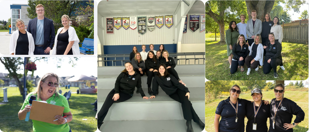 recreation management photo collage: top left photo of recreation coordinators outside, top right photo of recreation coordinators and supervisor by tree, bottom left photo of recreation manger at event, middle photo of entire recreation management team, and bottom right photo of special events team outside