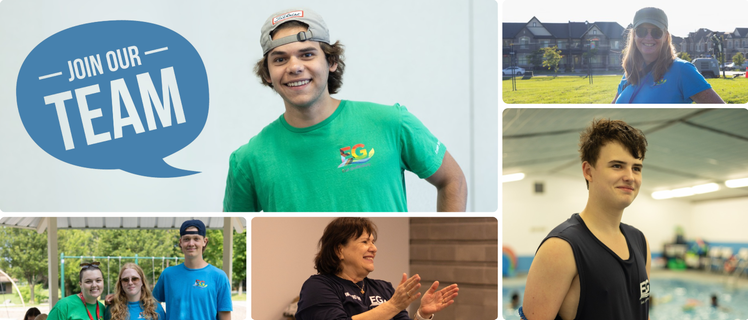 recreation photo collage: top left photo of camp staff with "join our team" text, top right photo of drop-in recreation staff outside, bottom left photo of 3 camp staff outside, bottom middle photo of fitness staff clapping, and bottom right photo of swim instructor at the pool