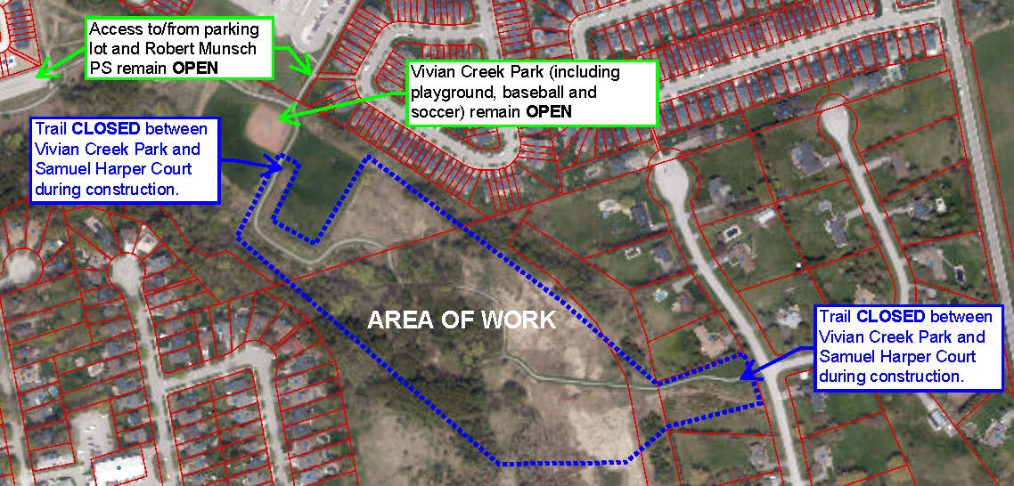 Map of Vivian Creek Trail closure from Vivian Creek Park to Samuel Harper Court